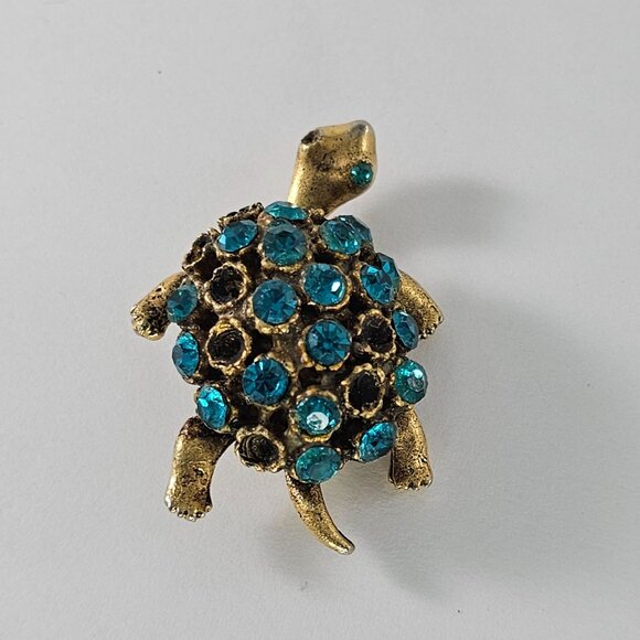 Vintage One Eyed Turtle Rhinestone Brooch Pin Gold Tone Blue Gemstones *AS IS* - Picture 7 of 8